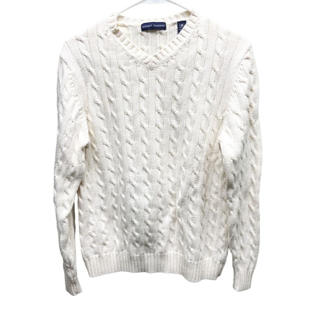 Grant Thomas Mens Cable Knit 100% Cotton V Neck Sweater Size S - Picture 2 of 7
